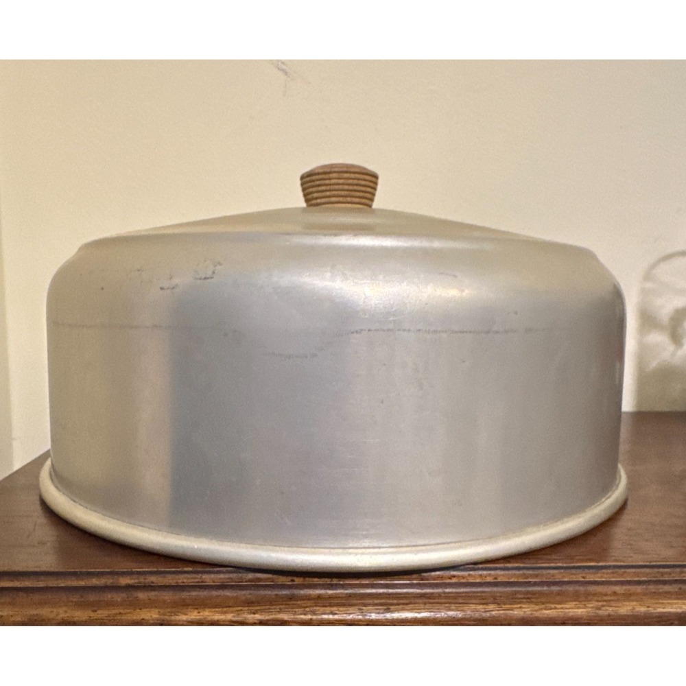 Vintage 10" Aluminum Cake Lid Mid Century MCM Dome Storage Cover Wooden Knob